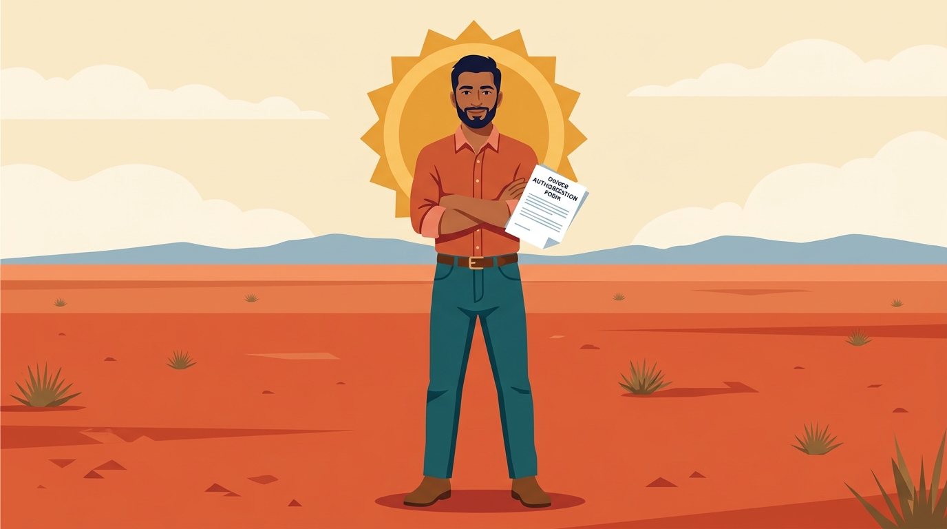 Person holding document on open desert land